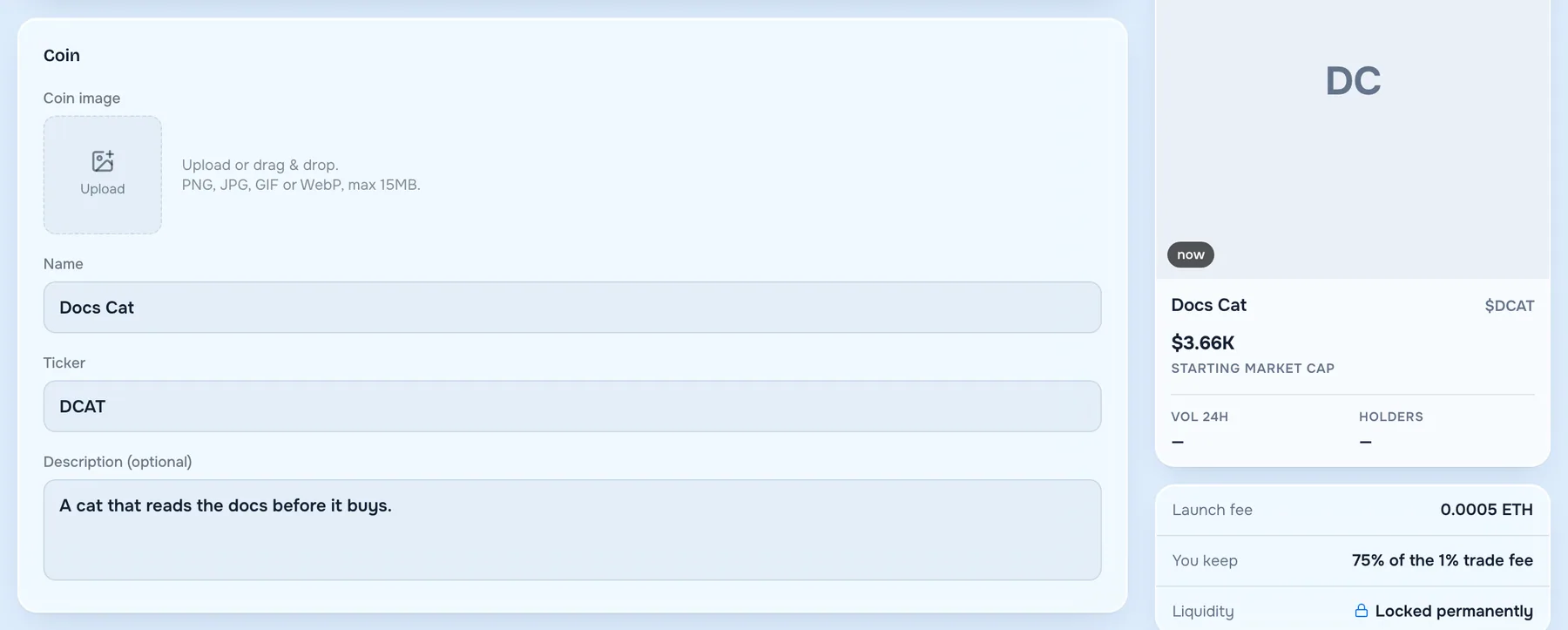 The Coin section of the launch form with a live preview