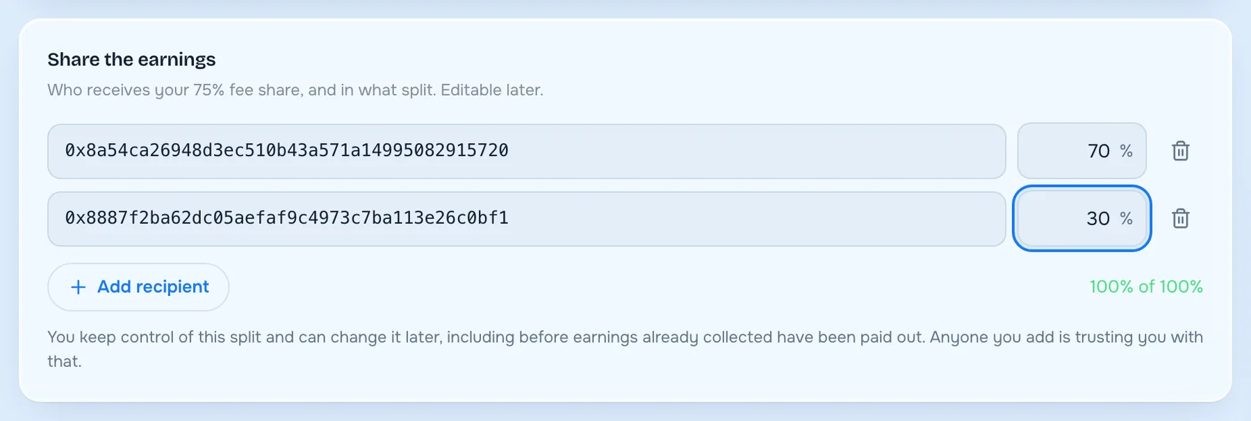Share the earnings between two wallets