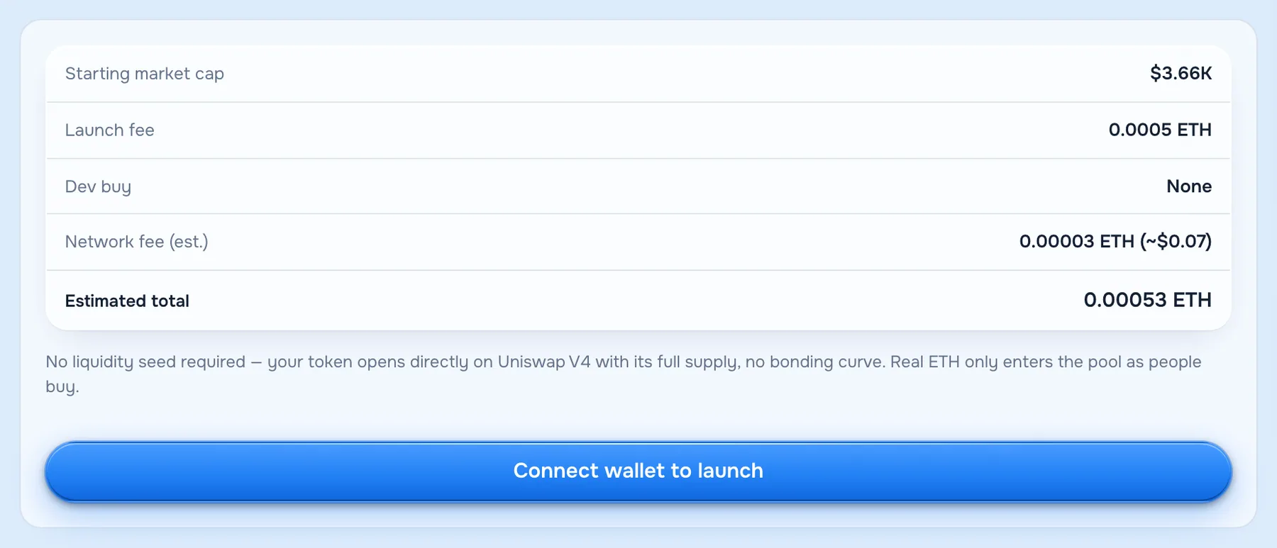 The launch summary and button