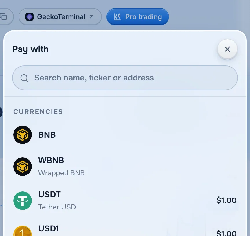 The Pay with list on BNB Chain